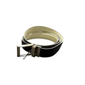 NLE Black White Leather Belt Handcrafted SZ 42 Silver Buckle Minimalist Neutral